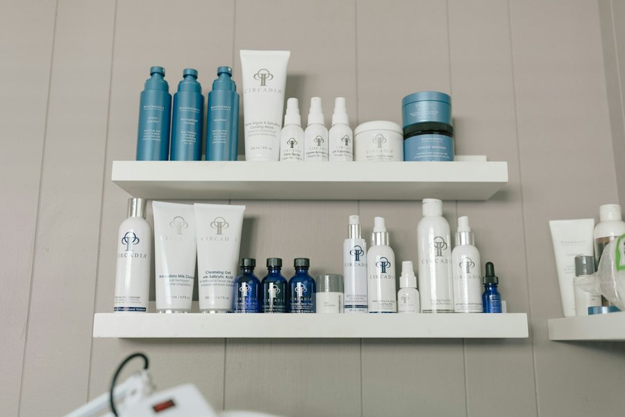 Skincare products on a shelf